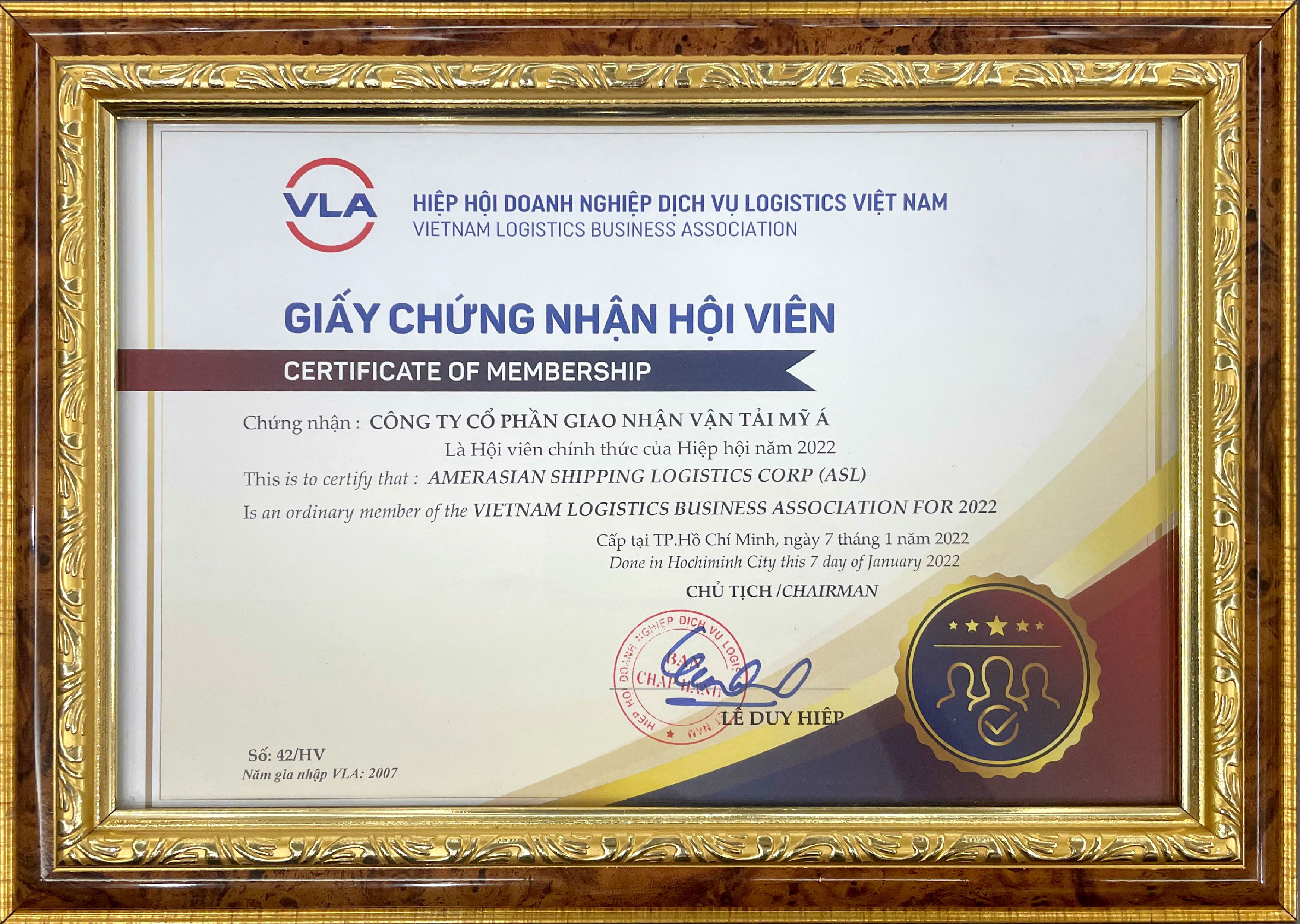 Giấy chứng nhận hội viên Hiệp hội Doanh nghiệp Dịch vụ logistics Việt Nam - VLA 2022